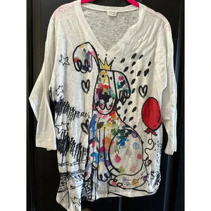Et' Lois Dog Graphic Print Tunic Blouse Top Size Large